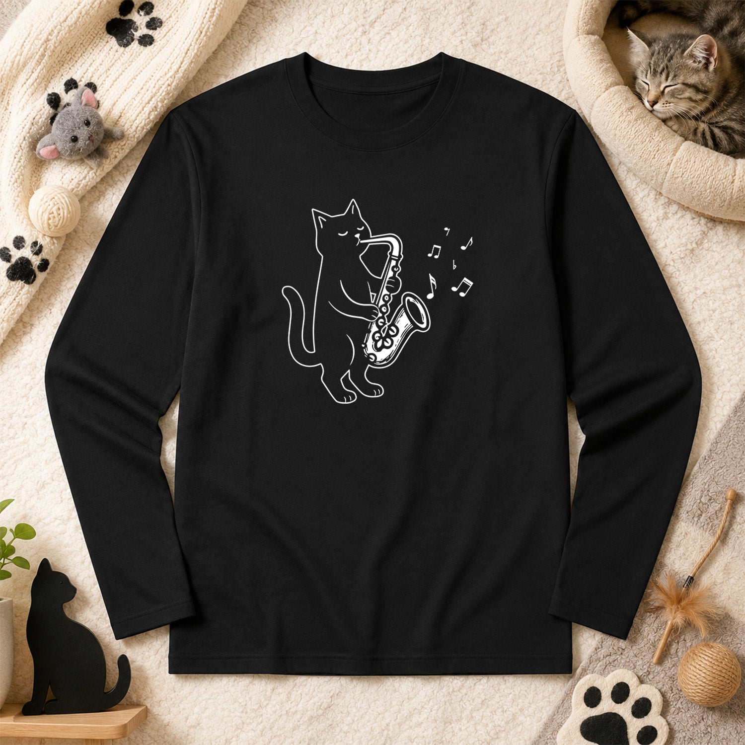 猫 長袖Tシャツ|サックス猫イラスト|ねこ ロンT メンズ レディース S-2XL